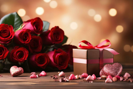 A close-up view of a romantic gift surrounded by a bouquet of red roses and pink hearts, creating a perfect setting for a special occasion.の写真素材