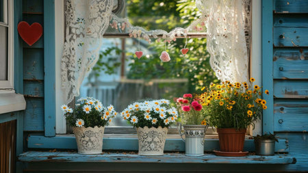 A windowsill decorated with potted flowers. The window is adorned with lace curtains and a string of...