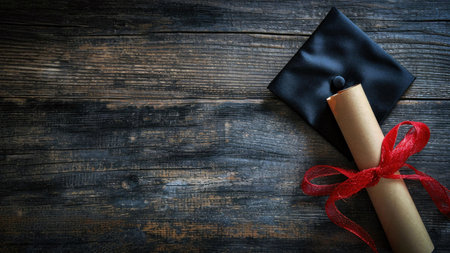 A graduation cap and diploma with a red ribbon on a rustic wooden background.の写真素材