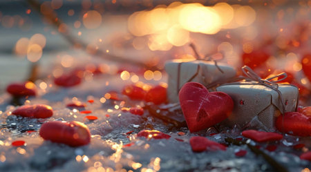 A closeup of two gray gift boxes tied with brown ribbons and decorated with a red heart on a sparkling background. The image evokes romance and celebration, perfect for Valentine's Day.の写真素材