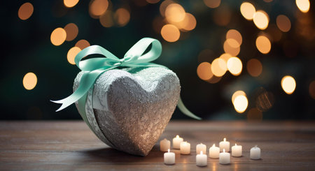 A heart-shaped gift box with a silver ribbon sits on a wooden table, surrounded by burning candles and a bokeh of warm lights.の写真素材