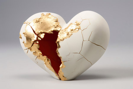 A white ceramic heart sculpture with gold accents, depicting a broken heart with cracksの写真素材