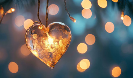 A golden heart ornament hangs from a string of lights, creating a warm and romantic atmosphere. The background is blurry and filled with out-of-focus lights, adding to the festive and celebratory feel.の写真素材