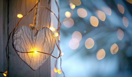 A wooden heart-shaped ornament hangs on a string of lights, creating a warm and inviting atmosphere. The bokeh of the lights in the background adds a festive touch to the image.の写真素材