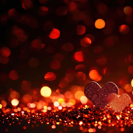 Two glittering hearts on a red sparkly background. Perfect for Valentine's Day.