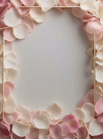 Close-up shot of a frame made of pink and white rose petals on a light gray background.の写真素材