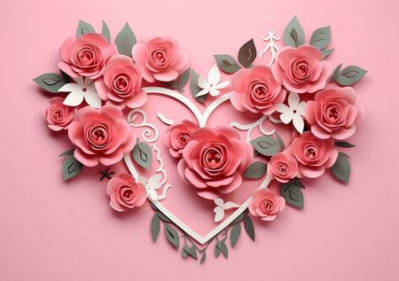 A beautiful paper flower arrangement in the shape of a heart. The roses are a soft pink color and...