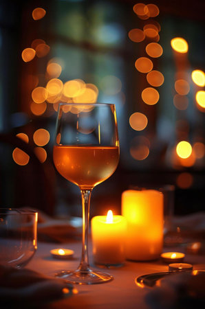 A glass of wine sits on a table lit by candles, creating a warm and romantic ambiance for a special dinner.の写真素材