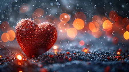 A close-up of a red heart covered in rain drops with bokeh lights in the backgroundの写真素材