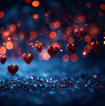 Red hearts hanging in the air, with bokeh lights in the backgroundの写真素材