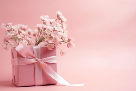 A pink gift box with a delicate pink ribbon and a bouquet of flowers. The image is simple, elegant, and romantic.の写真素材