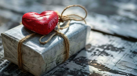 A beautifully wrapped gift box with a red heart on top, symbolizing love and affection.