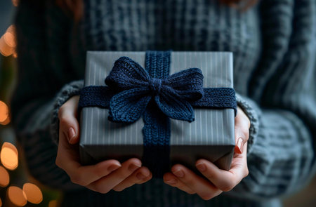 Close-up image of a woman's hands holding a beautifully wrapped gift box with a blue ribbon and bow. The gift is a symbol of love, care, and happiness. The background is blurred and out of focus, drawing attention to the gift. The image captures the essence of the joy and excitement of gift-giving during special occasions.の写真素材