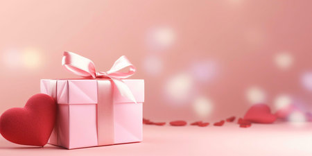 A pink gift box with a ribbon bow and a red heart on a pink background.の写真素材