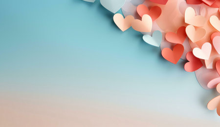A collection of colorful paper hearts arranged on a blue background creating a romantic and delicate atmosphere.の写真素材