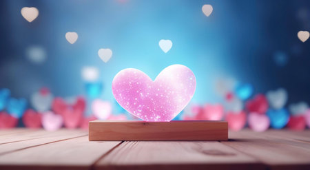 A glowing pink heart shape on a wooden surface with a blurred background of many hearts.の写真素材