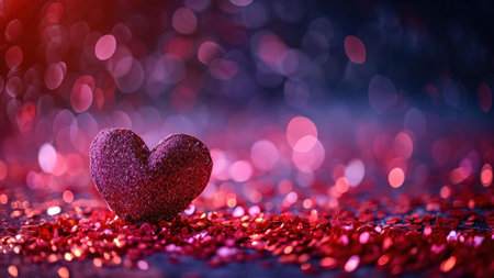 A heart-shaped ornament sits on a bed of red and pink glitter, creating a festive and romantic backdrop.の写真素材