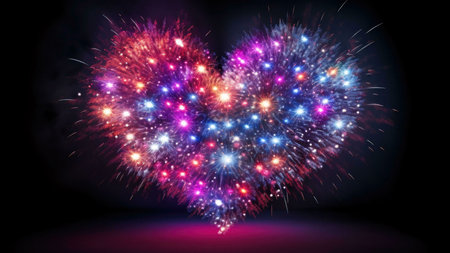A vibrant heart-shaped fireworks display explodes with color against a dark night sky, creating a stunning spectacle of light and joy.の写真素材