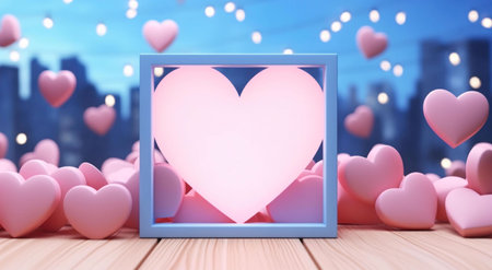 A glowing pink heart inside a frame surrounded by pink hearts with a cityscape in the background.