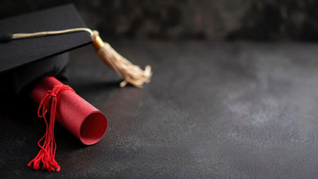 A black graduation cap and a red diploma on a dark background. It's a symbolic representation of achievement and the pursuit of knowledge.の写真素材