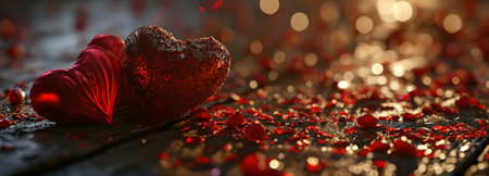 Two red heart decorations on a wooden background surrounded by confetti and with bokeh lights in the...