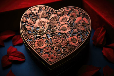 A close-up of a heart-shaped box with an intricately floral design carved into its surface. The box is surrounded by red rose petals on a blue background, suggesting a romantic or celebratory occasion. The box appears to be made of metal or wood and has a vintage, antique aesthetic.の写真素材