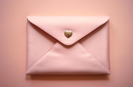 A pink envelope with a heart shaped clasp. The envelope is on a matching pink background and is lit from above.の写真素材