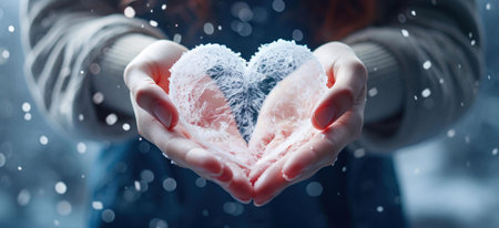 A heart-shaped ice sculpture held in two hands against a background of falling snow.の写真素材