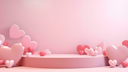 Pink background with hearts and podium, a minimal design.の写真素材