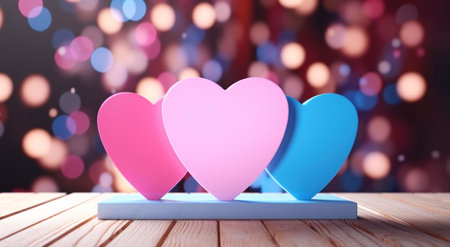 Three hearts, one pink, one pink and one blue, standing on a wooden surface with a blurry bokeh background.の写真素材