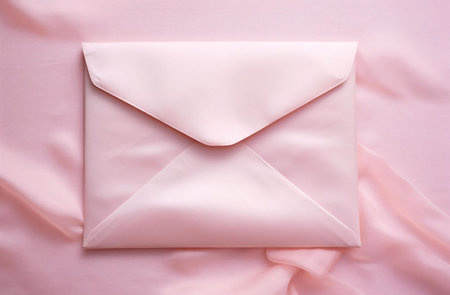 A pink envelope lays on a pink fabric background, with a soft, smooth texture. The envelope is...