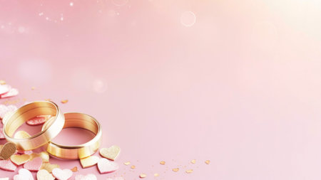 Two gold wedding rings on a pink background with scattered golden and pink heartsの写真素材
