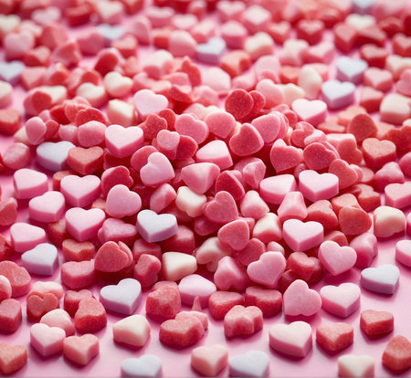 A closeup of pink heart shaped candies scattered on a pink background.