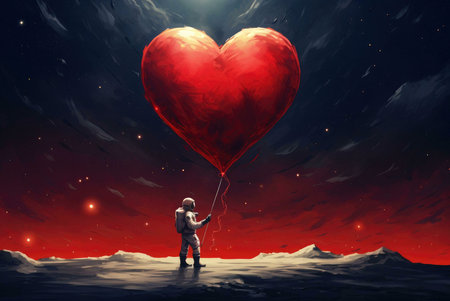 An astronaut stands on a distant planet, gazing at a giant red heart balloon floating in the starry night sky.の写真素材