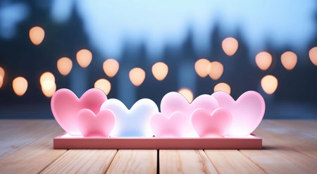 A group of pink and blue heart-shaped objects arranged in a row on a wooden surface with a blurred background of bokeh lights.の写真素材