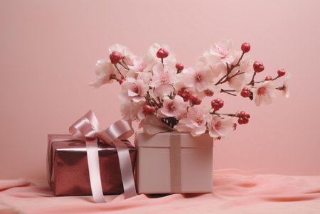 A pink gift box with a satin ribbon sits next to a delicate bouquet of pink cherry blossoms on a pink backdrop. The scene evokes feelings of romance and celebration.の写真素材