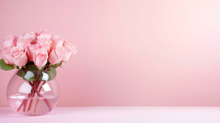 A close-up of a bouquet of pink roses in a glass vase, set against a soft pink background.の写真素材