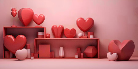 A 3D render of a simple shelf with hearts and geometric shapes in red and pink colors. A perfect...