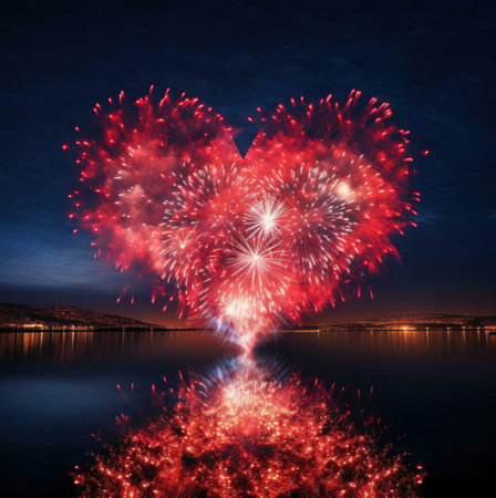 A spectacular fireworks display forms a heart shape in the night sky, reflecting in the water below, creating a magical scene of celebration and romance.の写真素材