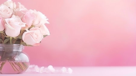 A close-up shot of a beautiful bouquet of pink roses in a clear vase. The roses are in full bloom and have delicate petals. The background is a soft pink color.の写真素材