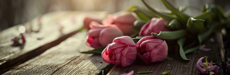 Close-up image of pink tulips lying on a wooden table. The flowers are in bloom and the petals are soft and delicate. The image is taken in natural light and has a romantic and elegant feel.の写真素材