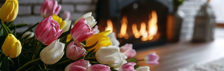 A close-up shot of a bouquet of colorful tulips, pink, yellow, and white, arranged in front of a fireplace with a warm fire burning. The tulips are in focus, while the fireplace is blurred in the background.の写真素材