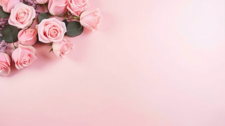 A close-up photo of pink roses arranged on a soft pink background.の写真素材