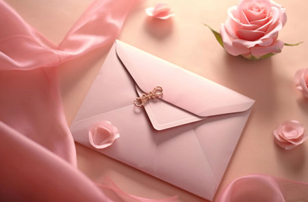 A pink envelope with a rose on a pink fabric background, a romantic and elegant design.の写真素材