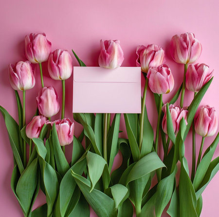 A bouquet of pink tulips with a blank pink envelope, creating a delicate and romantic composition.の写真素材