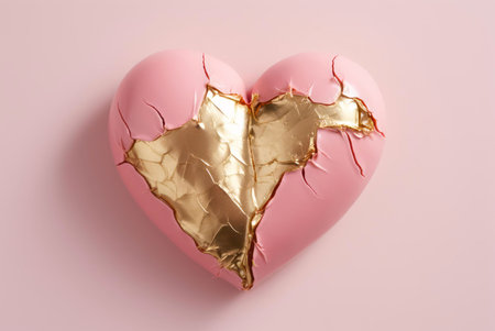 A pink heart with gold cracks and a golden patch, depicting a broken heart. The heart symbol is a popular representation of love and can symbolize heartbreak, sadness, and the need for healingの写真素材