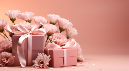 Pink gift boxes with white flowers, a beautiful and romantic scene.の写真素材
