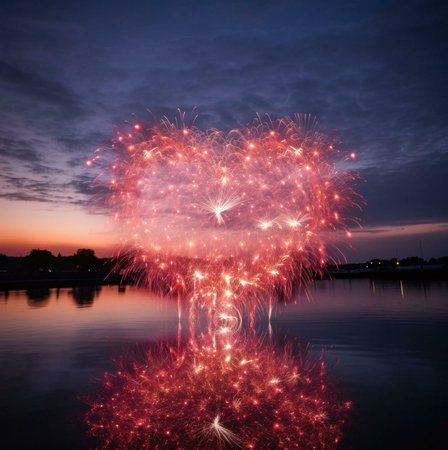 A breathtaking heart-shaped fireworks display over a calm body of water. The sparks reflect in the water, creating a magical and romantic scene.の写真素材