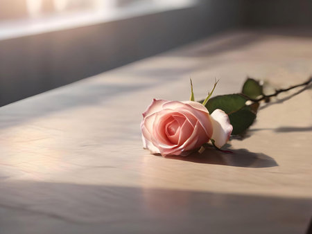 A single pink rose lies on a wooden table bathed in soft sunlight. The rose's delicate petals and gentle curves are captured in a close-up shot, emphasizing its beauty and fragility.の写真素材
