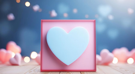 A 3D render of a pink frame with a blue heart inside, set against a bokeh background with blurred pink hearts.の写真素材